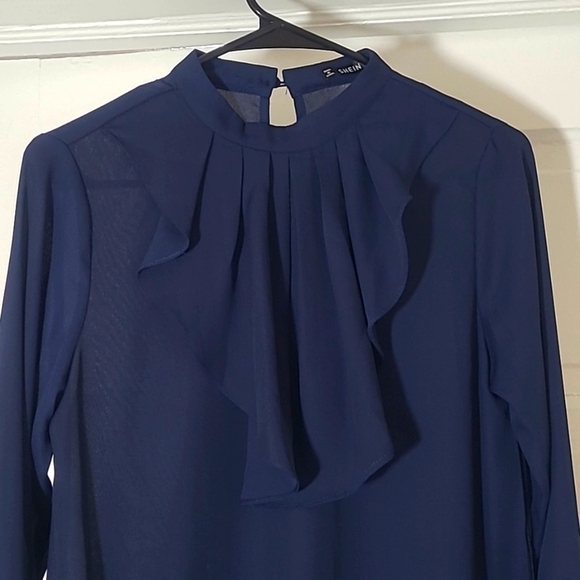 SHEIN Navy Smocked Midi Dress Ruffle Collar Lace Trim XS - Picture 7 of 17